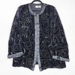 Chicos Sweater Womens 3 Black XL Velvet Sequin Button Front Silk Blend Cardigan